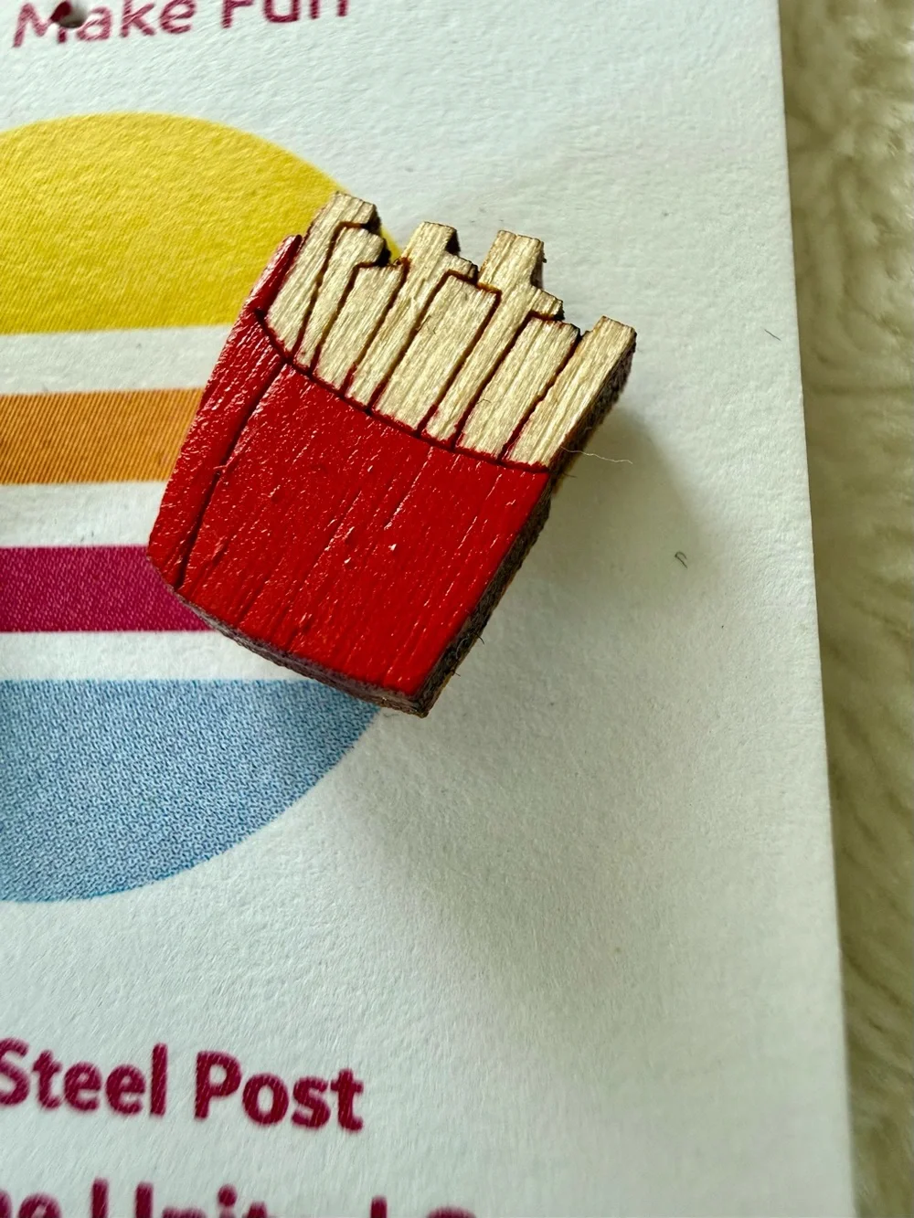 NWT Unpossible Cuts Burger & Fries Wood Stud Earrings Retro Foodie Americana